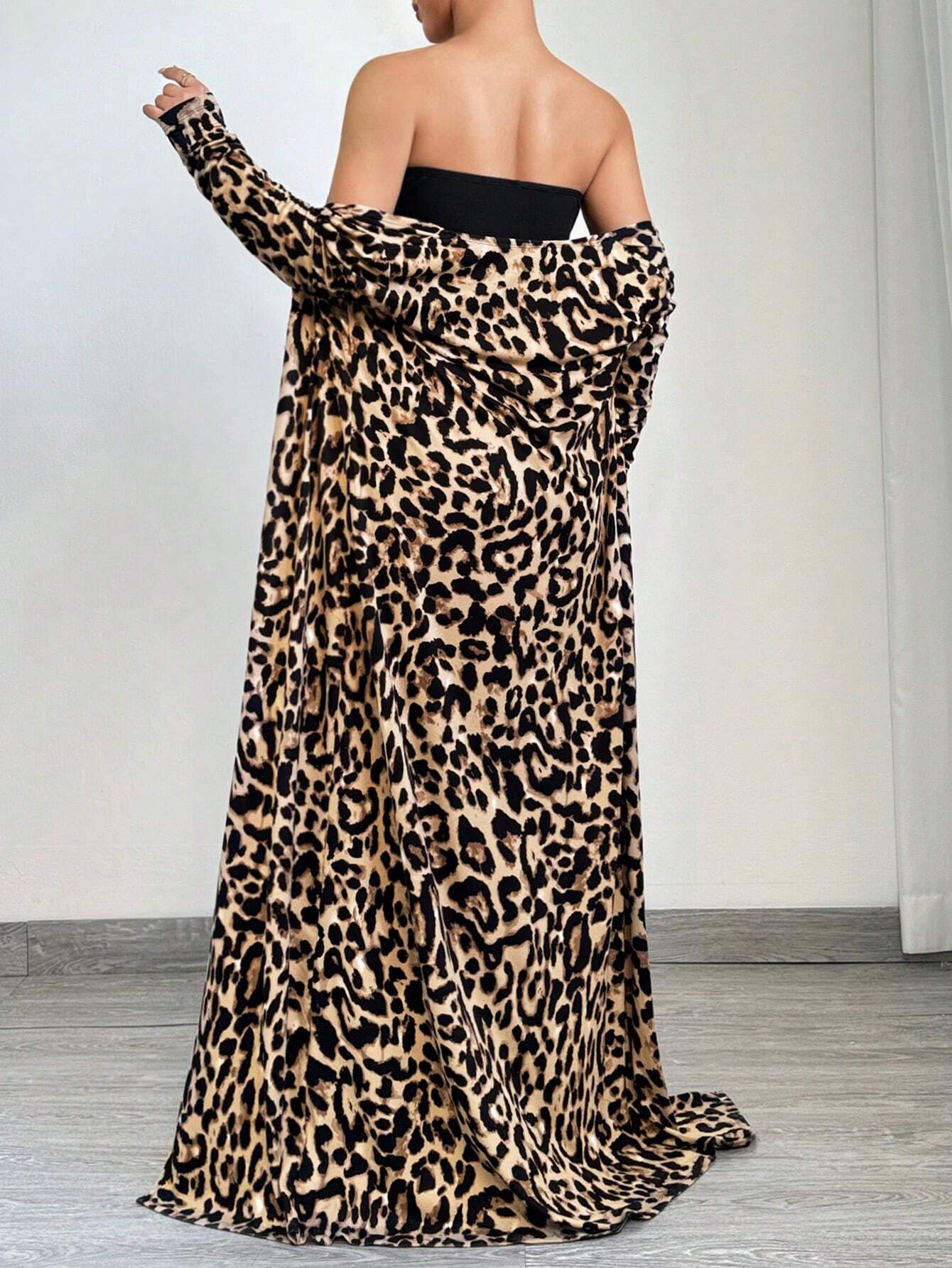 SXY 2pcs Leopard Print Long Sleeve Maxi Jacket And Bodycon Dress Set shein