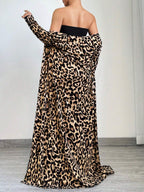 SXY 2pcs Leopard Print Long Sleeve Maxi Jacket And Bodycon Dress Set shein