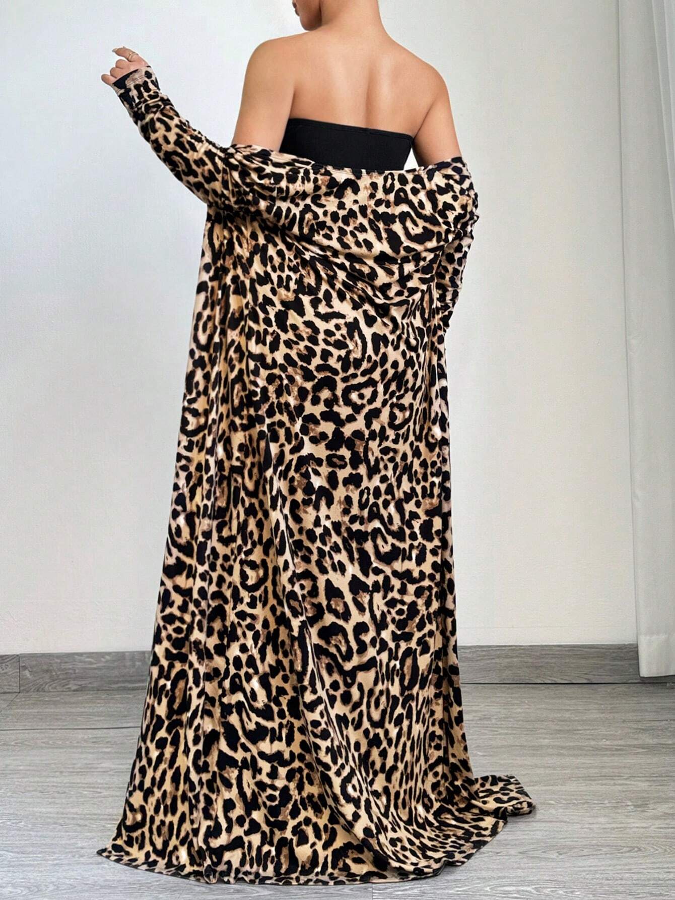 SXY 2pcs Leopard Print Long Sleeve Maxi Jacket And Bodycon Dress Set shein