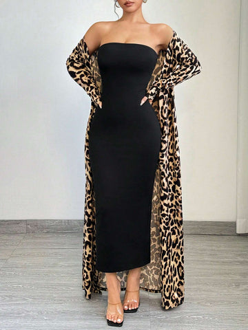 SXY 2pcs Leopard Print Long Sleeve Maxi Jacket And Bodycon Dress Set shein