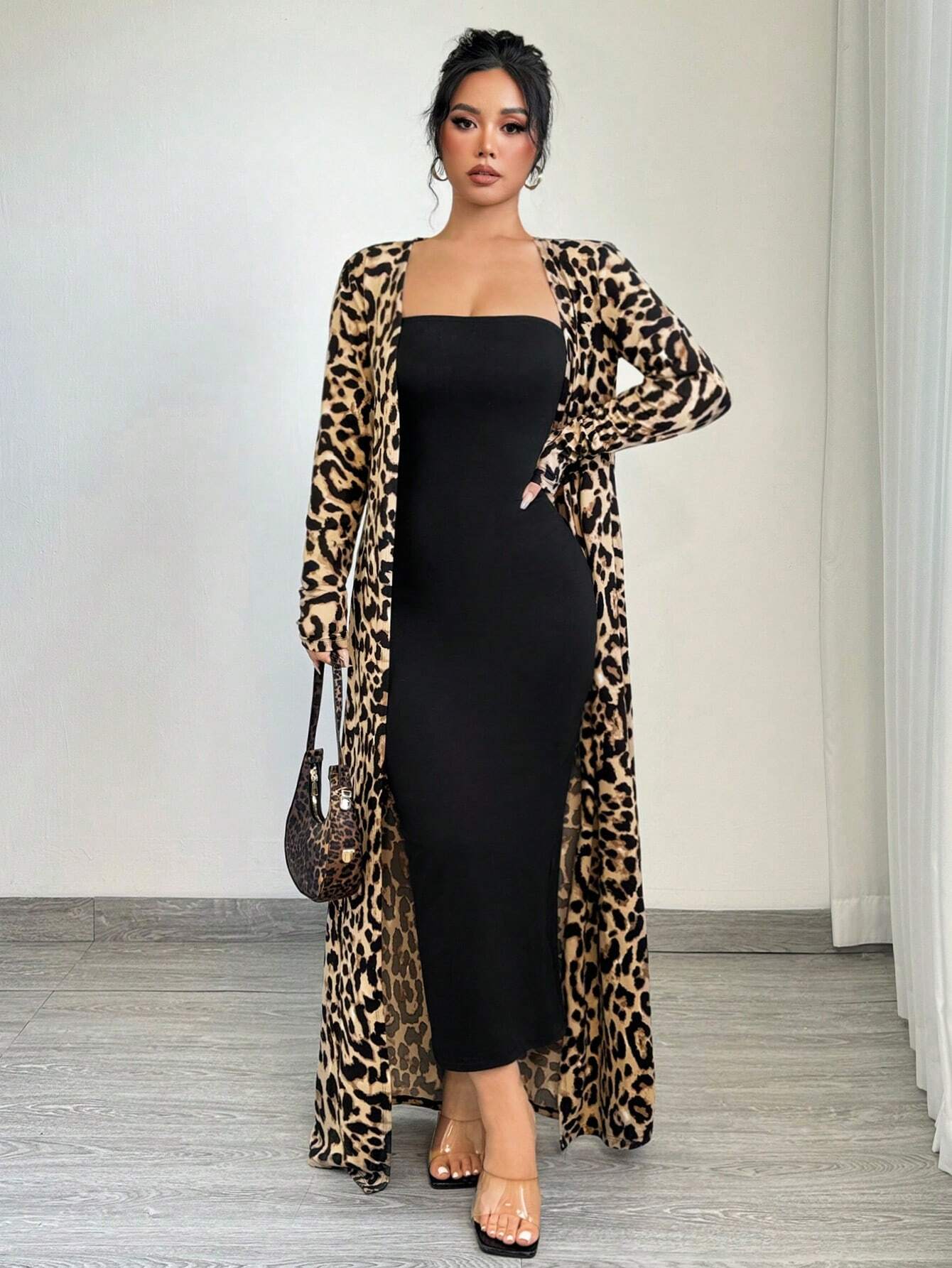 SXY 2pcs Leopard Print Long Sleeve Maxi Jacket And Bodycon Dress Set shein