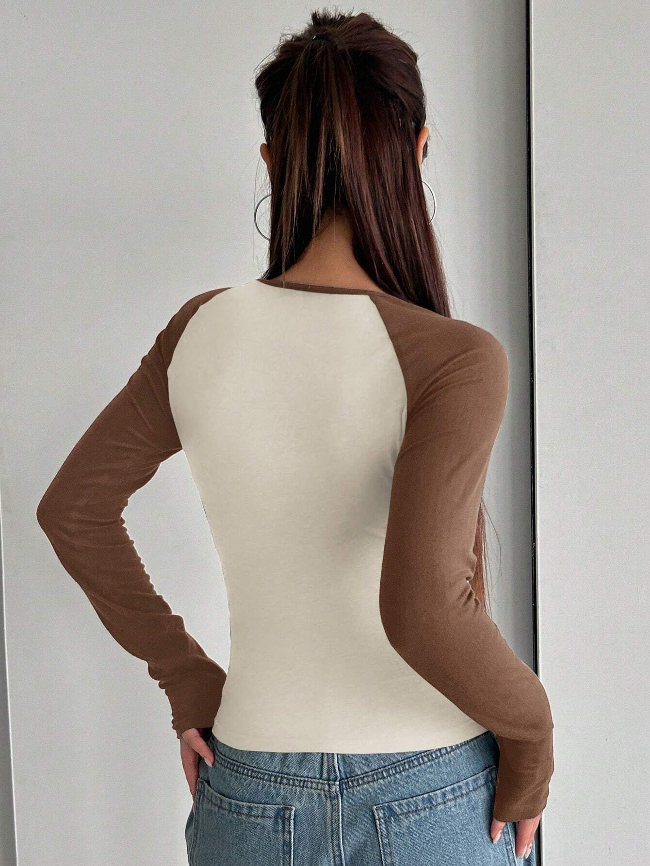 DAZY Women Color-Block Simple Casual Long Sleeve T-Shirt shein