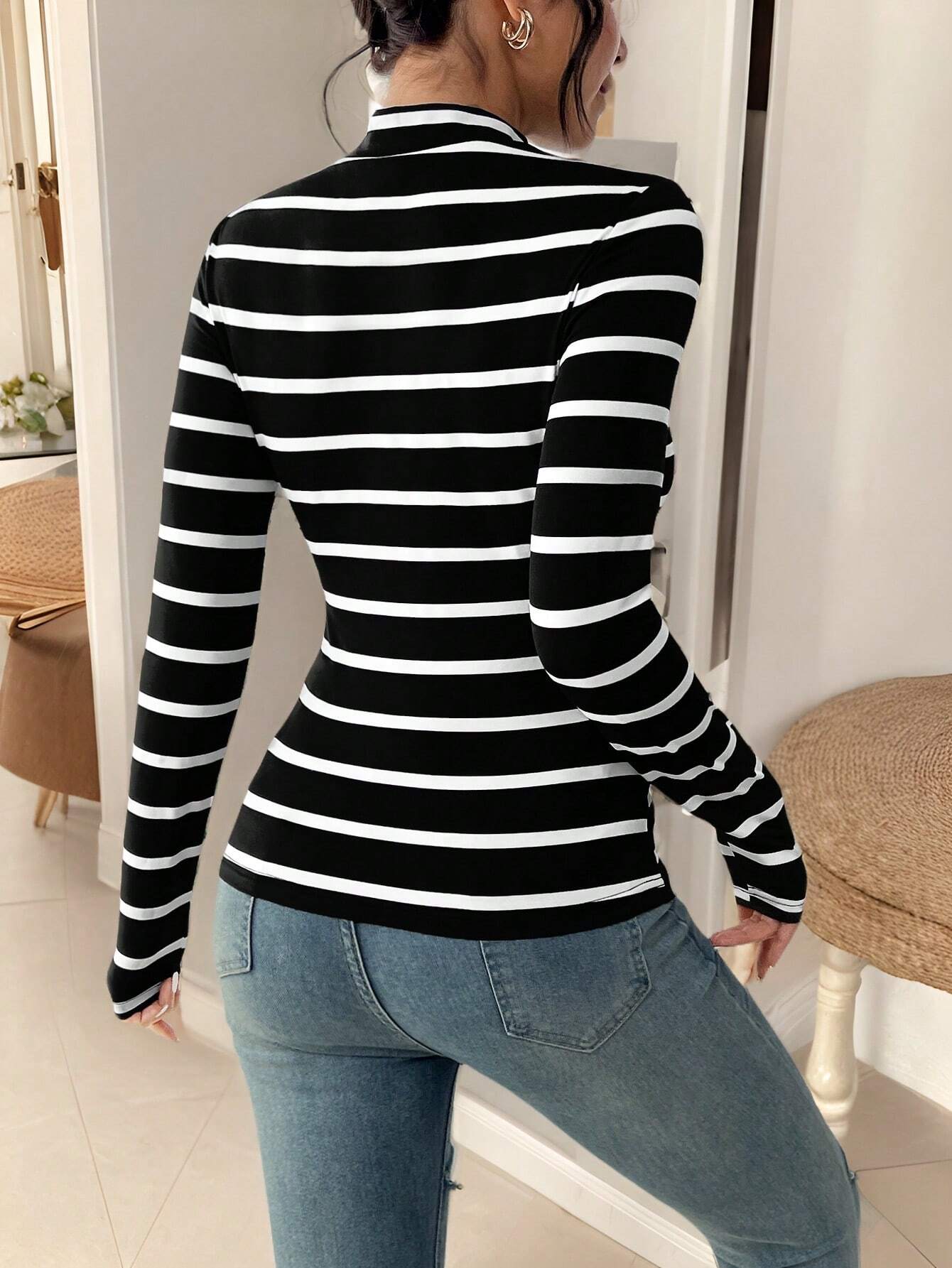 Frenchy Striped Mock Neck Tee shein