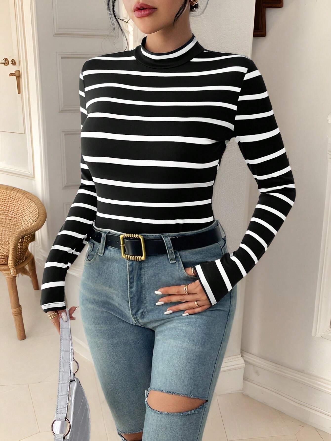 Frenchy Striped Mock Neck Tee shein