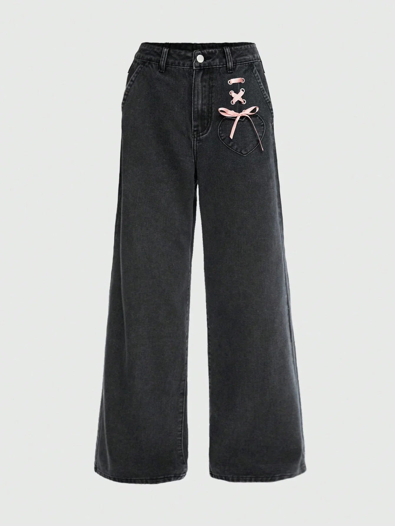 ROMWE Kawaii Lace Up Front Wide Leg Jeans shein