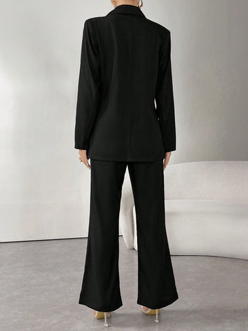 Modely Solid Color Blazer, Cropped Tank Top And Flare Pants 3pcs Suit Set