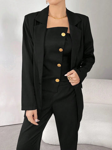 Modely Solid Color Blazer, Cropped Tank Top And Flare Pants 3pcs Suit Set