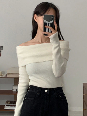 DAZY Women Casual & Elegant Solid Color Off-Shoulder Sweater