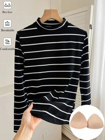 Frenchy Striped Mock Neck Tee shein