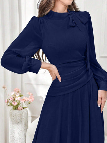 Modely Elegant Solid Color V-Neck Tie Waist Women's Dress