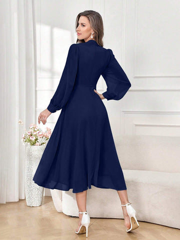 Modely Elegant Solid Color V-Neck Tie Waist Women's Dress