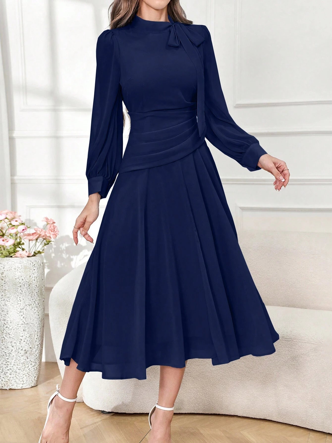 Modely Elegant Solid Color V-Neck Tie Waist Women's Dress shein
