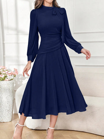 Modely Elegant Solid Color V-Neck Tie Waist Women's Dress