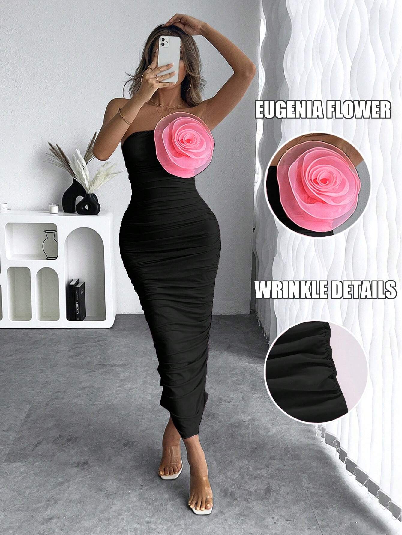 Privé Summer Elegant Solid Color 3D Flower Pleated Bodycon Tube Dress shein