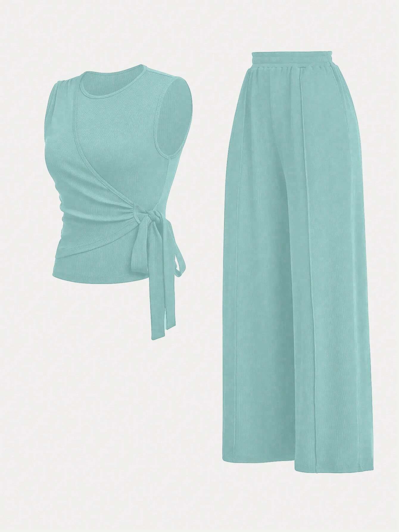 Unity Ladies' Solid Color Cross Wrap Tie Sleeveless Top And Long Pants Casual Two-Piece Set shein