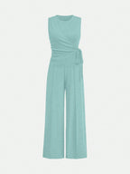 Unity Ladies' Solid Color Cross Wrap Tie Sleeveless Top And Long Pants Casual Two-Piece Set shein
