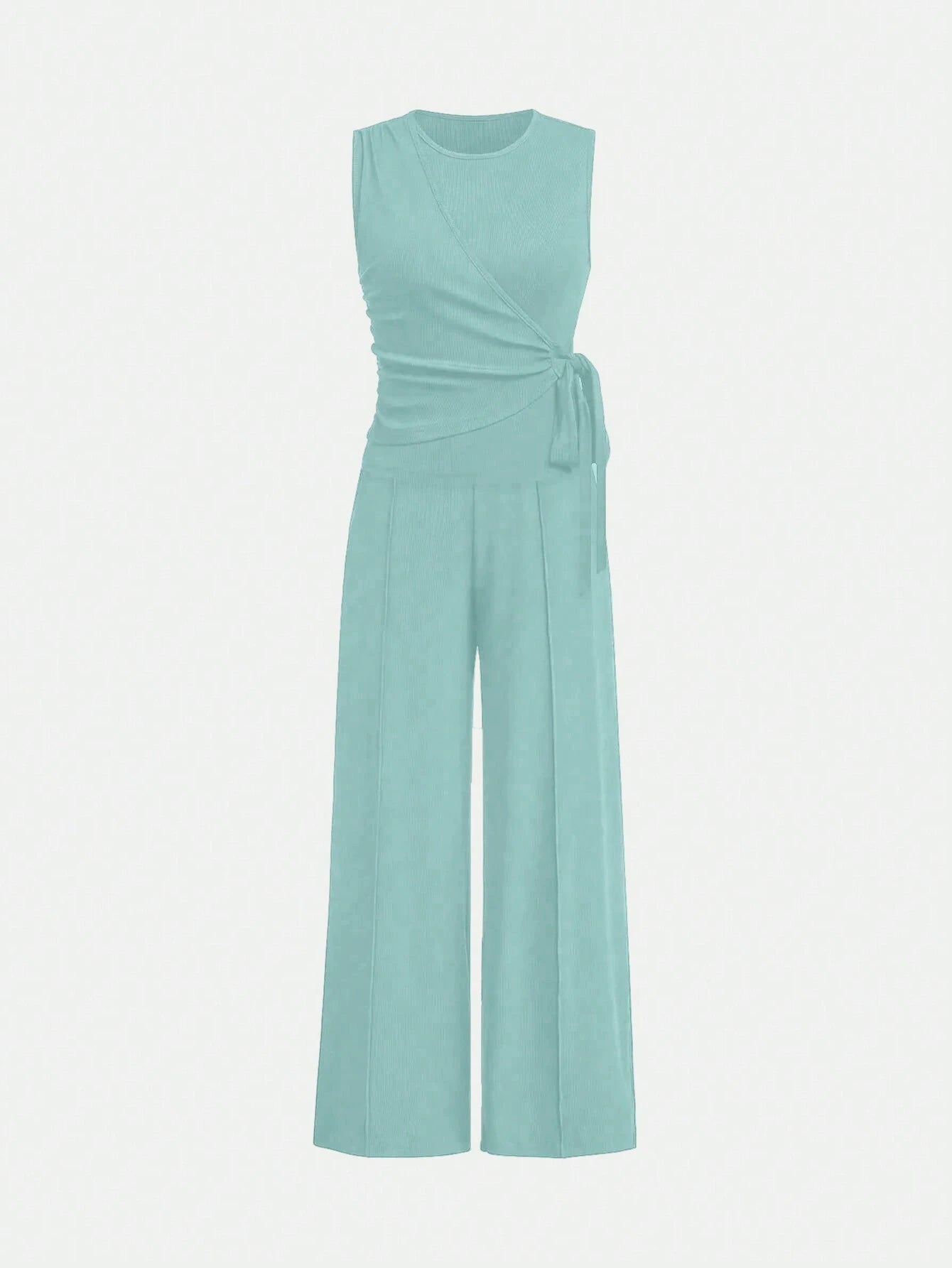 Unity Ladies' Solid Color Cross Wrap Tie Sleeveless Top And Long Pants Casual Two-Piece Set shein