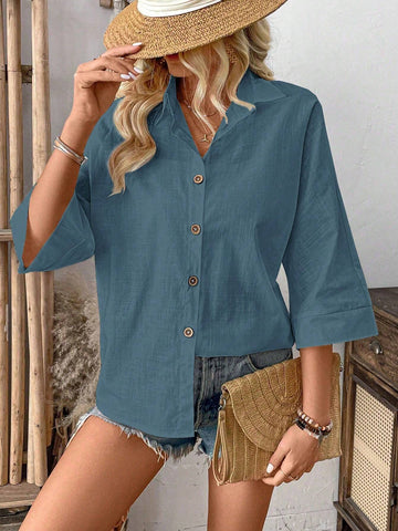 VCAY Loose Solid Color Vacation Leisure Shirt shein