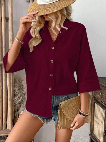 VCAY Loose Solid Color Vacation Leisure Shirt shein