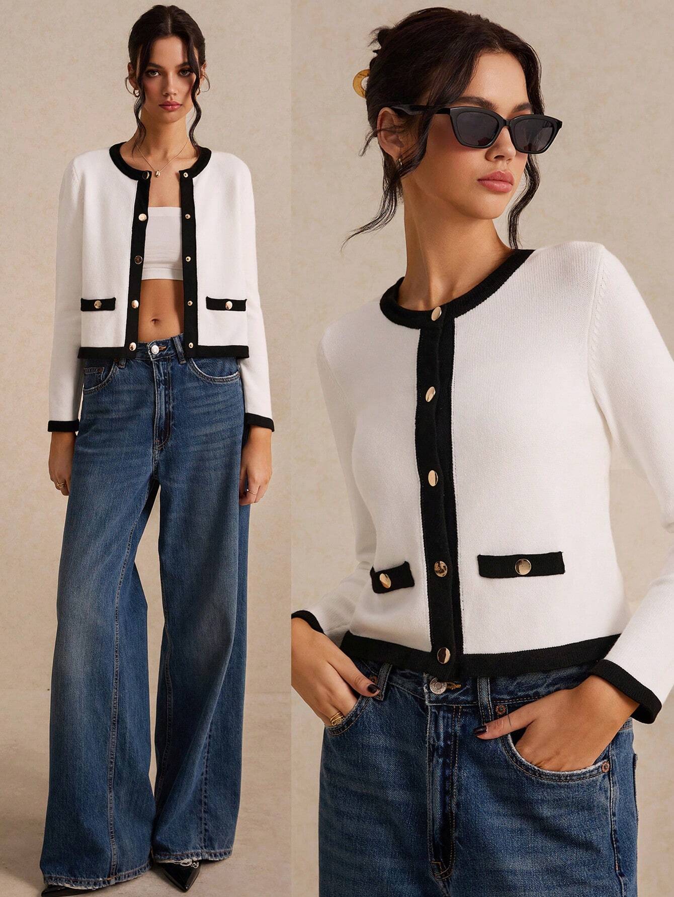 Poéselle Women's Color Collision Long Sleeve Trim Metal Button Front Knit Cardigan