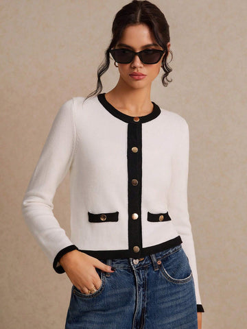 Poéselle Women's Color Collision Long Sleeve Trim Metal Button Front Knit Cardigan