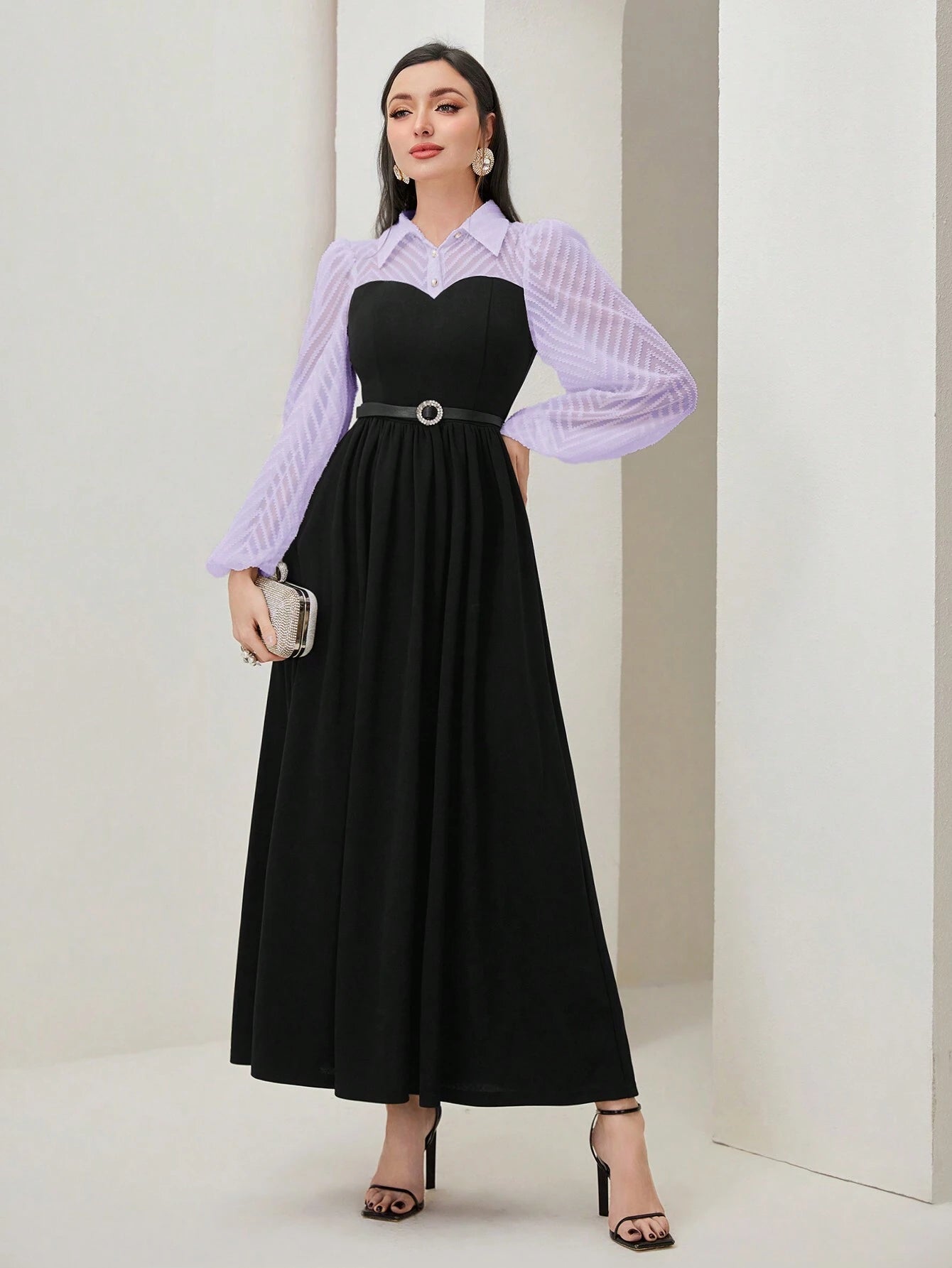 Modely Two Tone Lantern Sleeve Dress shein