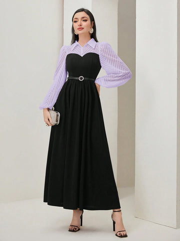 Modely Two Tone Lantern Sleeve Dress shein