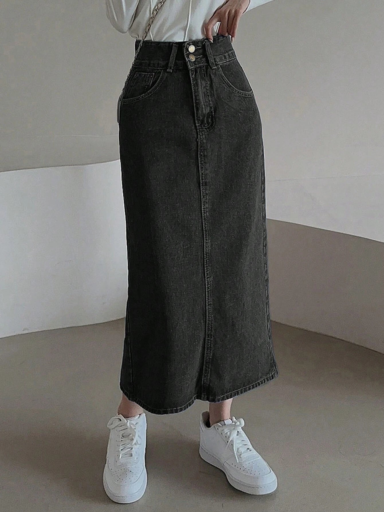 DAZY Women's Casual Distressed Denim Skirt With Side Slit shein