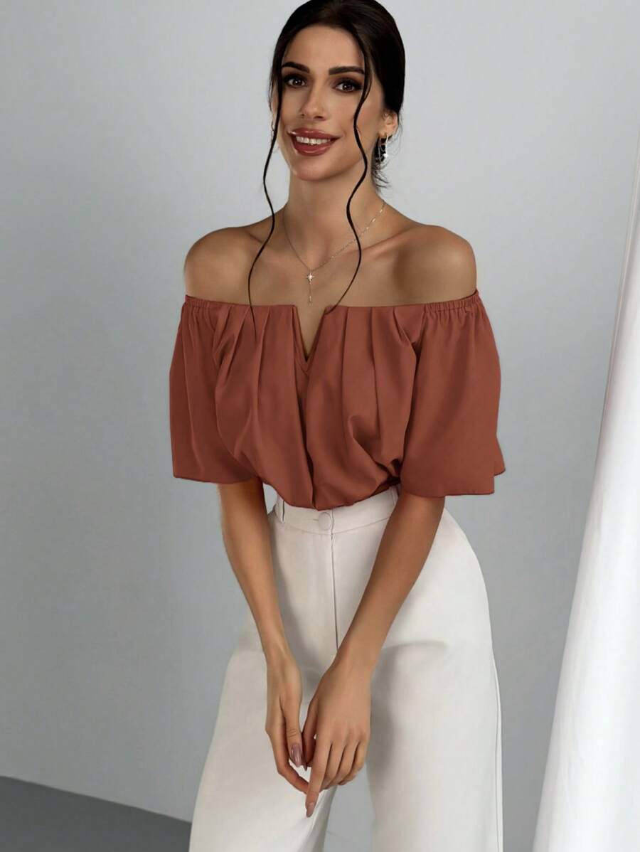 Women's Summer Solid Color Off Shoulder V Neck And Elastic Waist Blouse shein