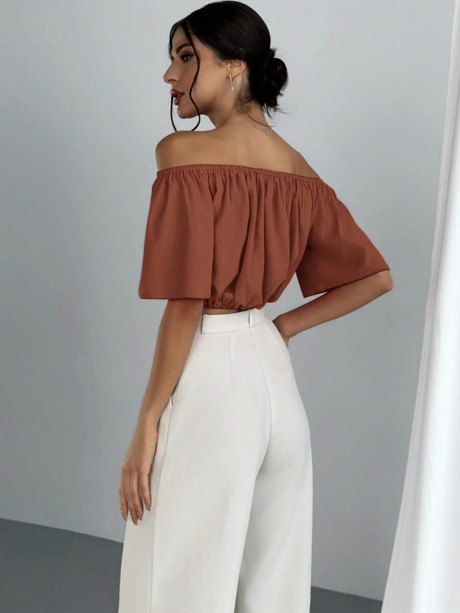 Women's Summer Solid Color Off Shoulder V Neck And Elastic Waist Blouse shein
