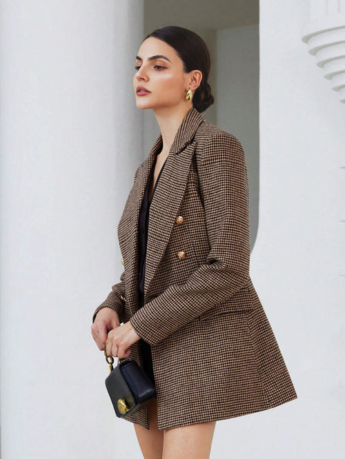 Modichic Business Style Lapel Long Sleeve Plaid Double-Breasted Blazer Jacket Shein