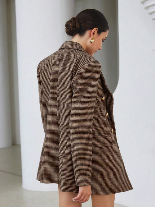 Modichic Business Style Lapel Long Sleeve Plaid Double-Breasted Blazer Jacket Shein