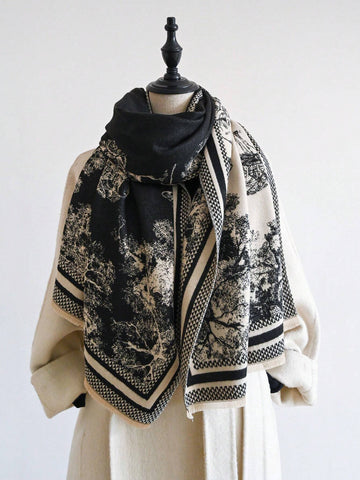 1pc Women's Reversible Imitation Cashmere Floral Printed Warm Scarf Shawl