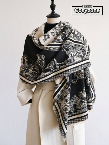 1pc Women's Reversible Imitation Cashmere Floral Printed Warm Scarf Shawl
