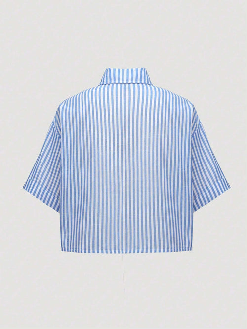MOOSTA Striped Cropped Relaxed Casual Women Oversized Cuffed Sleeve Blouse shein