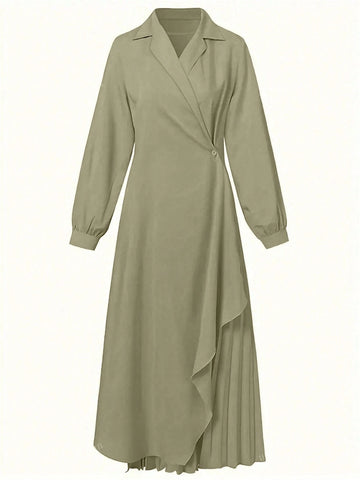 Womens Elegant Formal Long Sleeve Solid Color Belted Dress shein