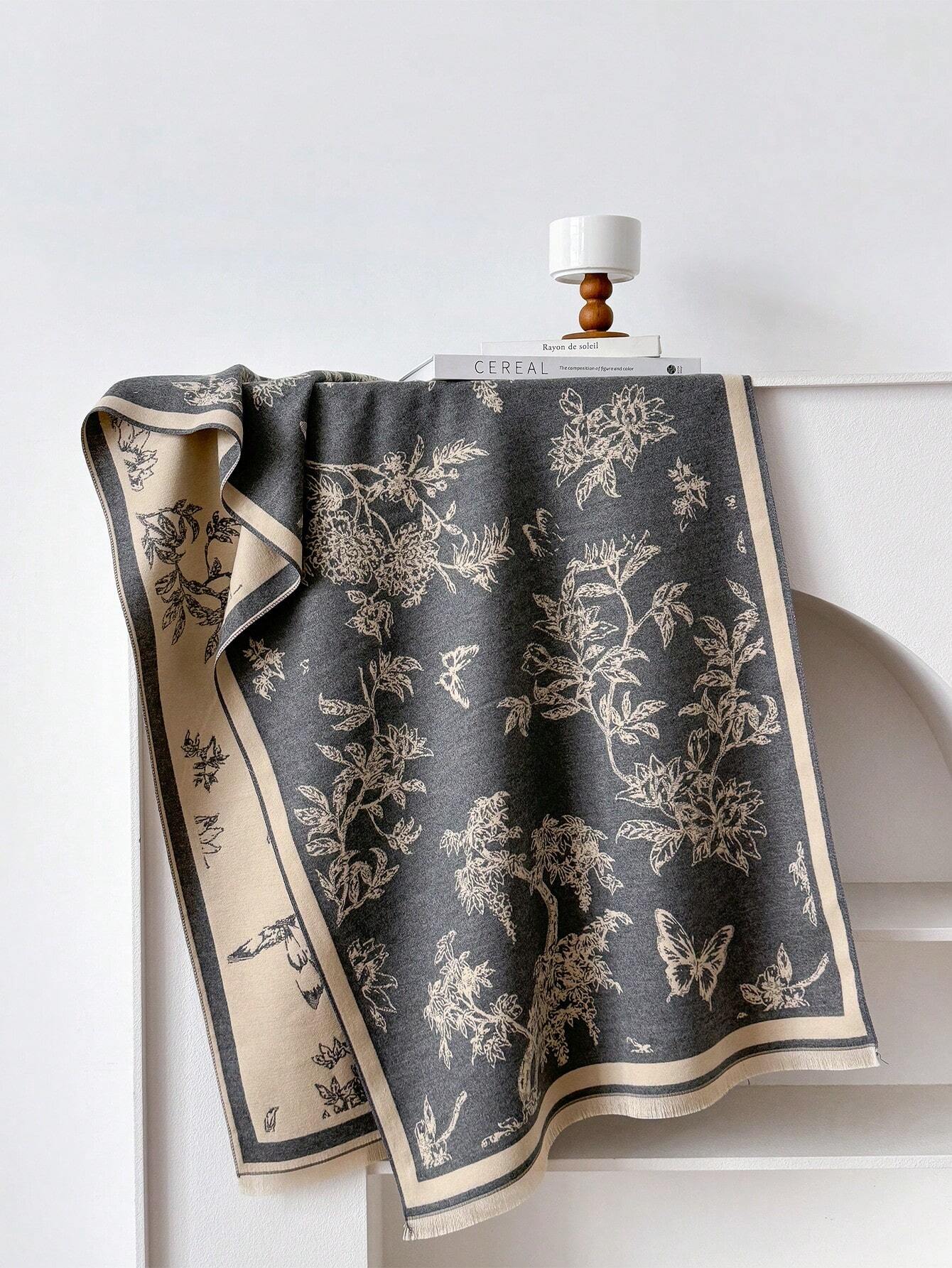 1pc Women's Reversible Imitation Cashmere Floral Printed Warm Scarf Shawl