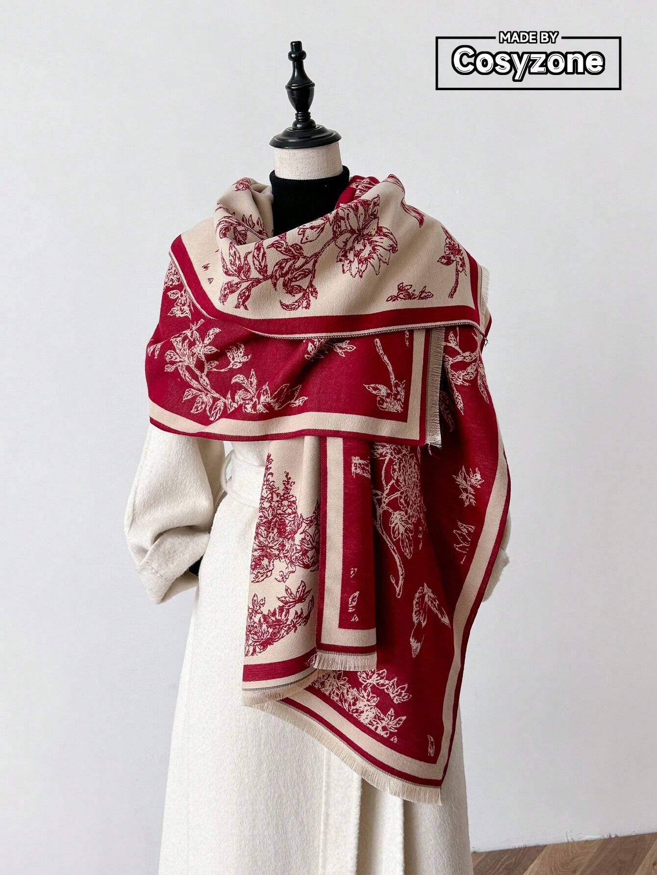 1pc Women's Reversible Imitation Cashmere Floral Printed Warm Scarf Shawl