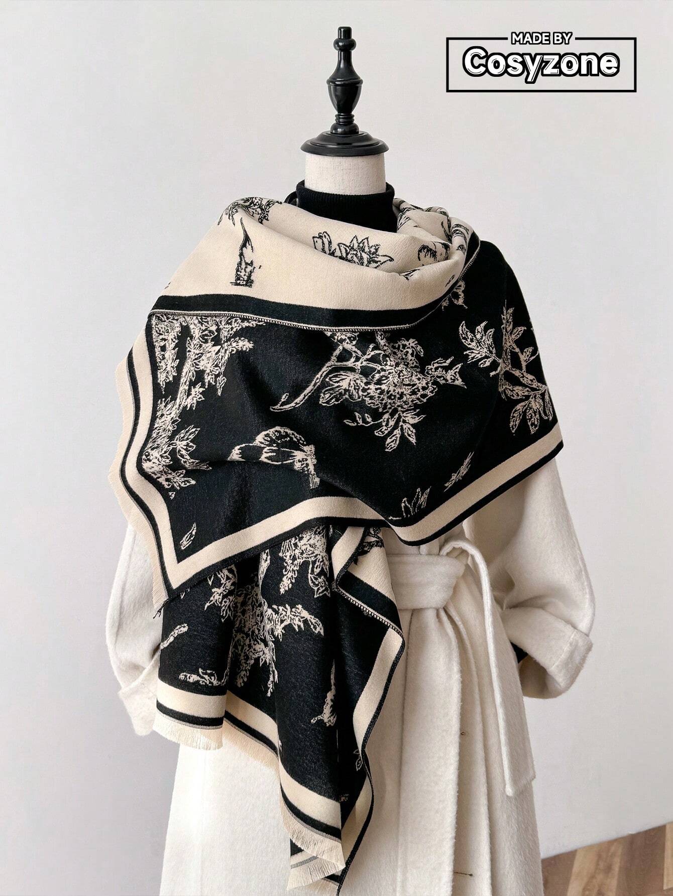 1pc Women's Reversible Imitation Cashmere Floral Printed Warm Scarf Shawl