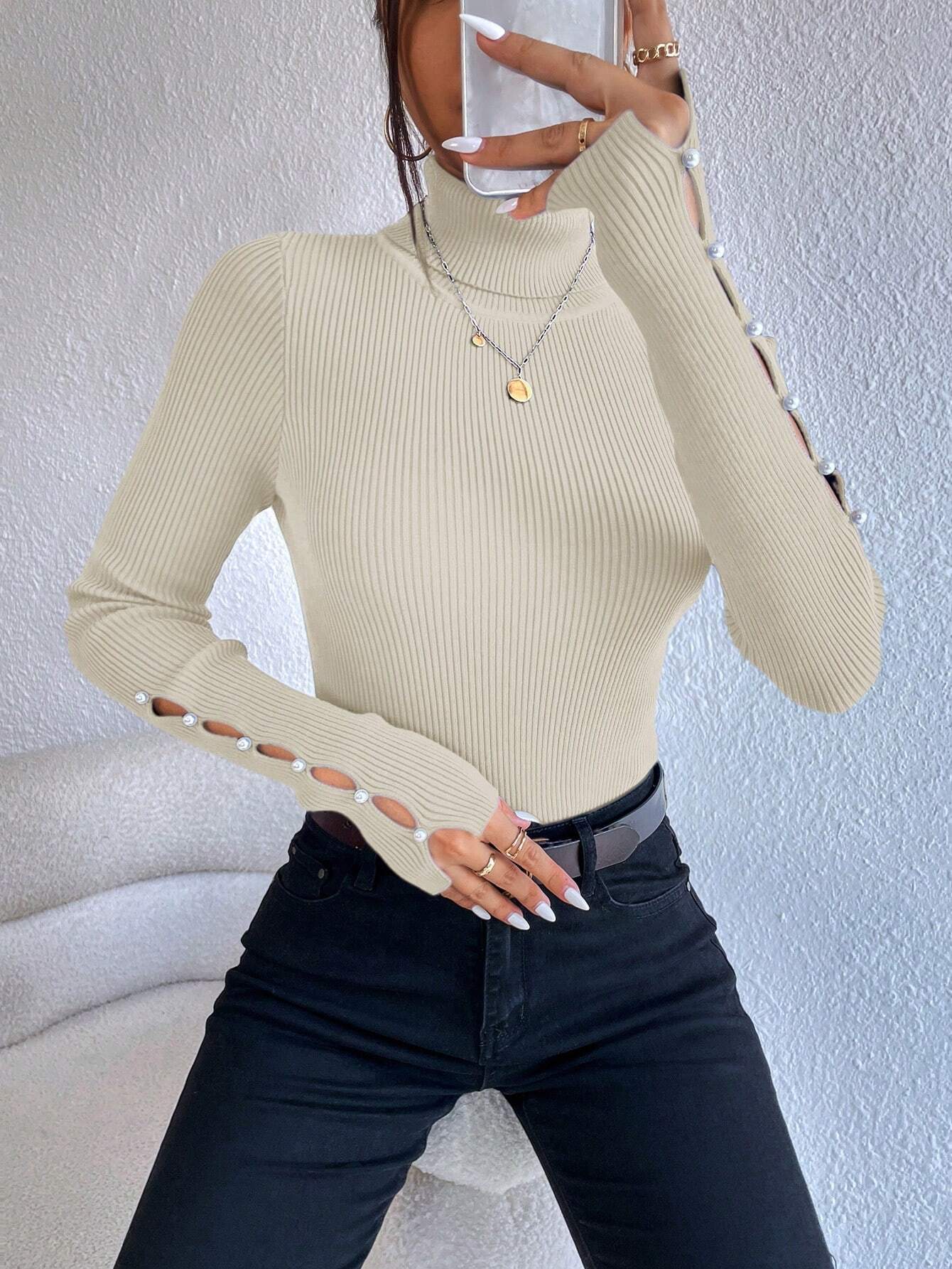 Privé Turtleneck Button Detail Sweater shein