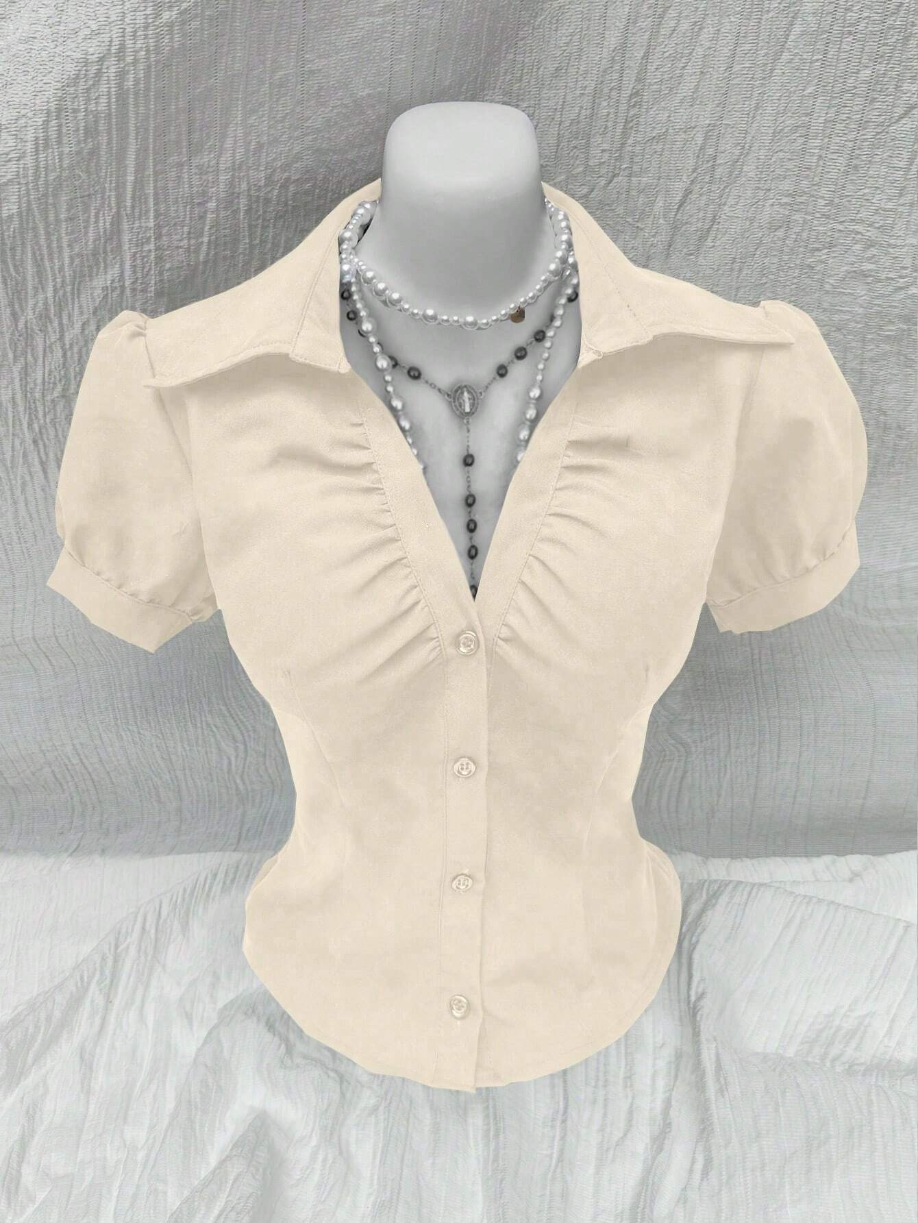 Sweetra V-Neck Ruched Cutout Waist Women's Short Sleeve Blouse