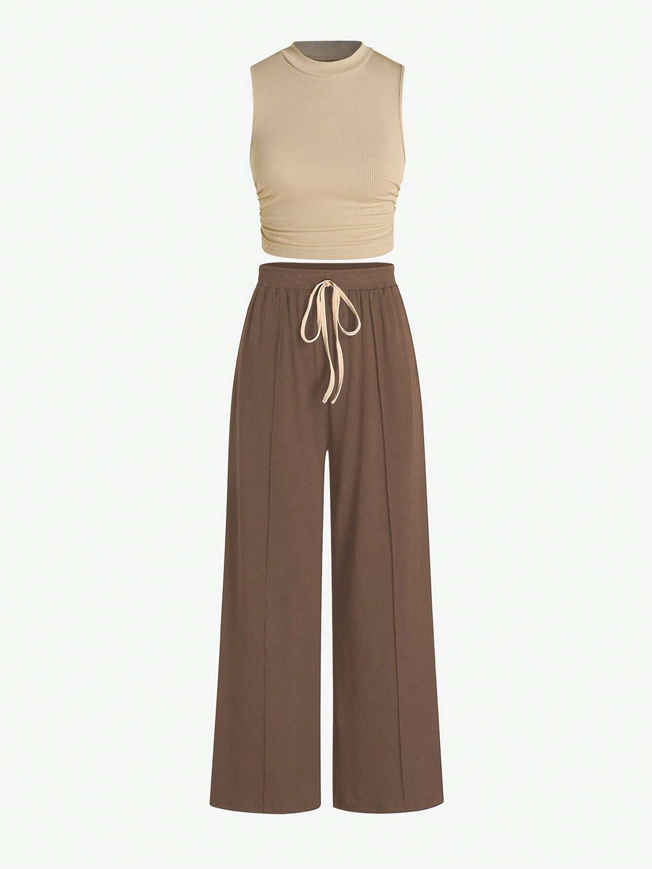 Essnce Summer Casual Solid Color Slim-Fit Ruched Crop Top And Long Pants Set shein