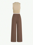 Essnce Summer Casual Solid Color Slim-Fit Ruched Crop Top And Long Pants Set shein