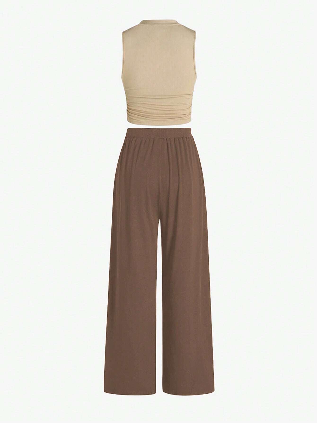 Essnce Summer Casual Solid Color Slim-Fit Ruched Crop Top And Long Pants Set shein