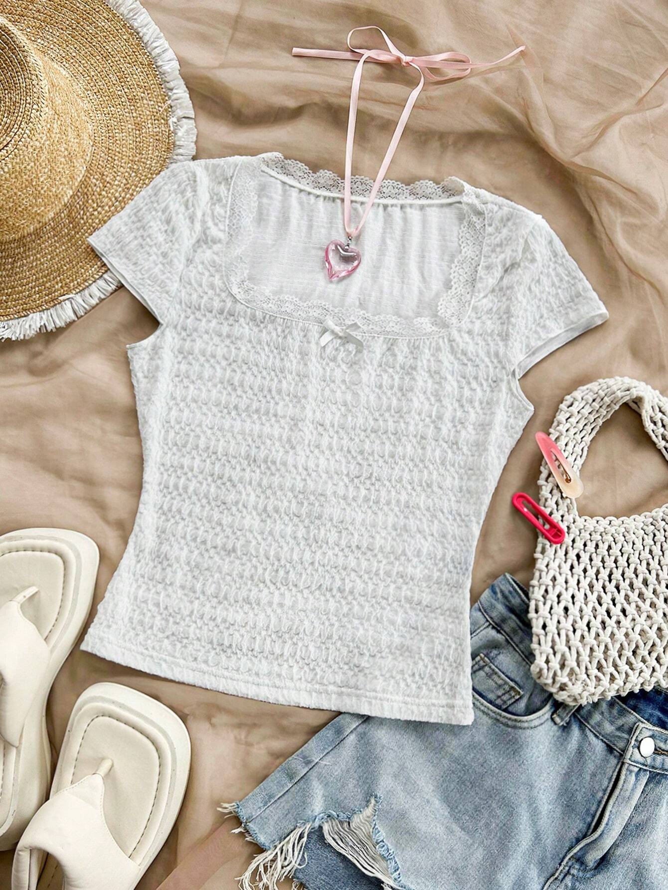 WYWH Women's Summer Solid Color Lace Edged Bow Tie Square Neck Short Sleeve T-Shirt shein