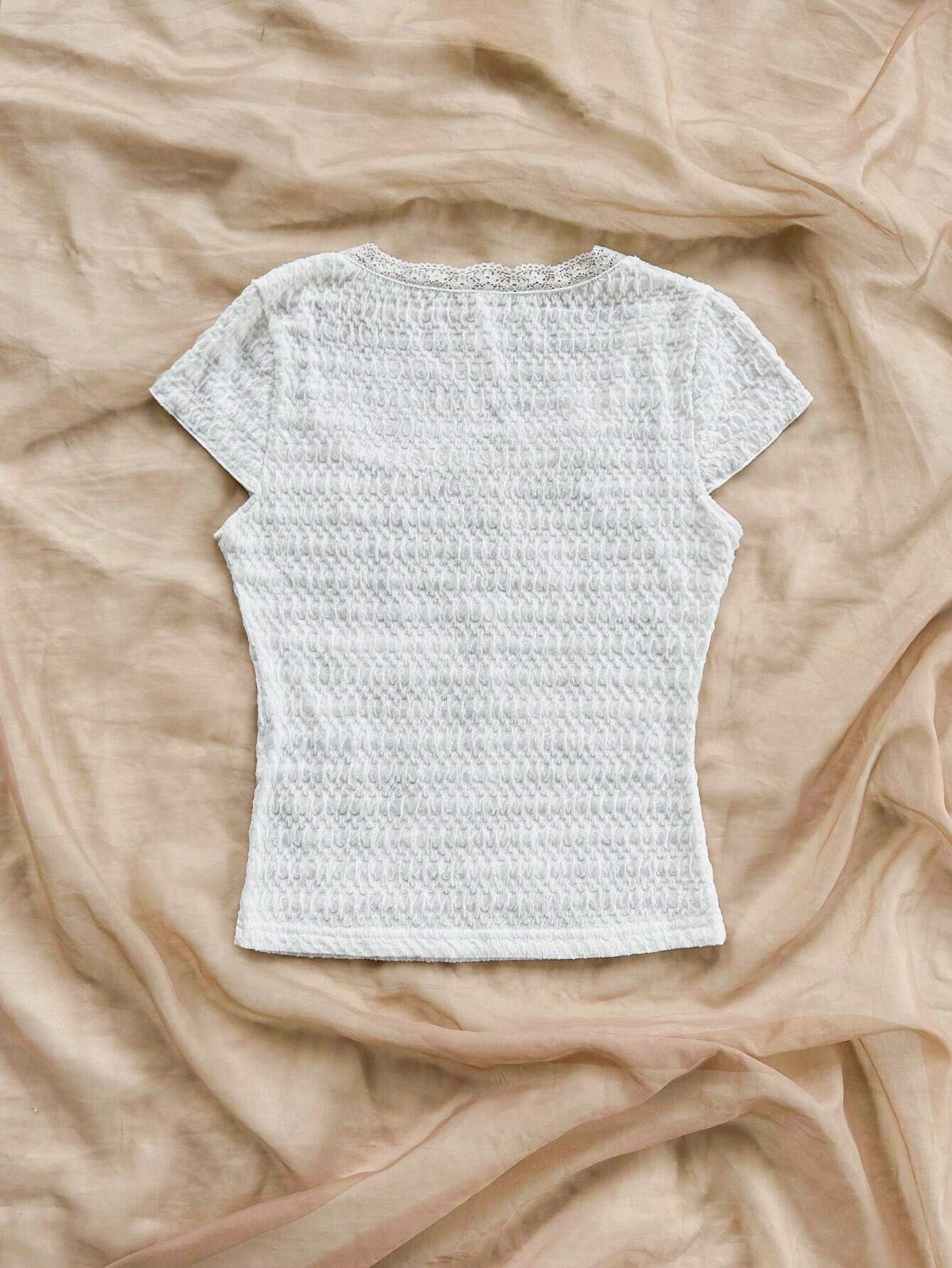 WYWH Women's Summer Solid Color Lace Edged Bow Tie Square Neck Short Sleeve T-Shirt shein