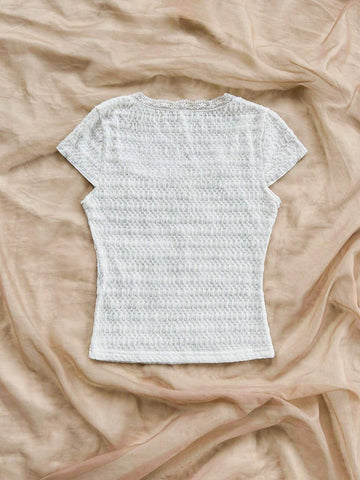 WYWH Women's Summer Solid Color Lace Edged Bow Tie Square Neck Short Sleeve T-Shirt