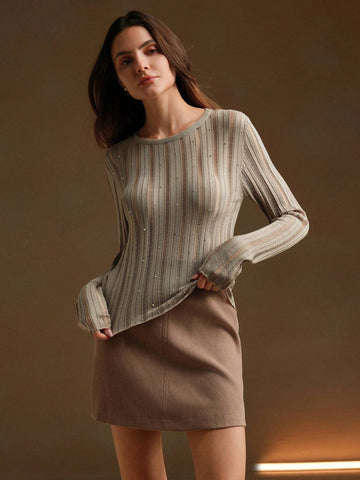 Anewsta Merlot Color Casual Sexy Elegant Simple Basic Crew Neck Long Sleeve T-Shirt With Openwork Texture