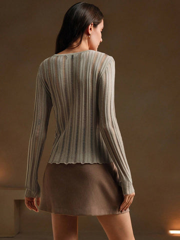 Anewsta Merlot Color Casual Sexy Elegant Simple Basic Crew Neck Long Sleeve T-Shirt With Openwork Texture