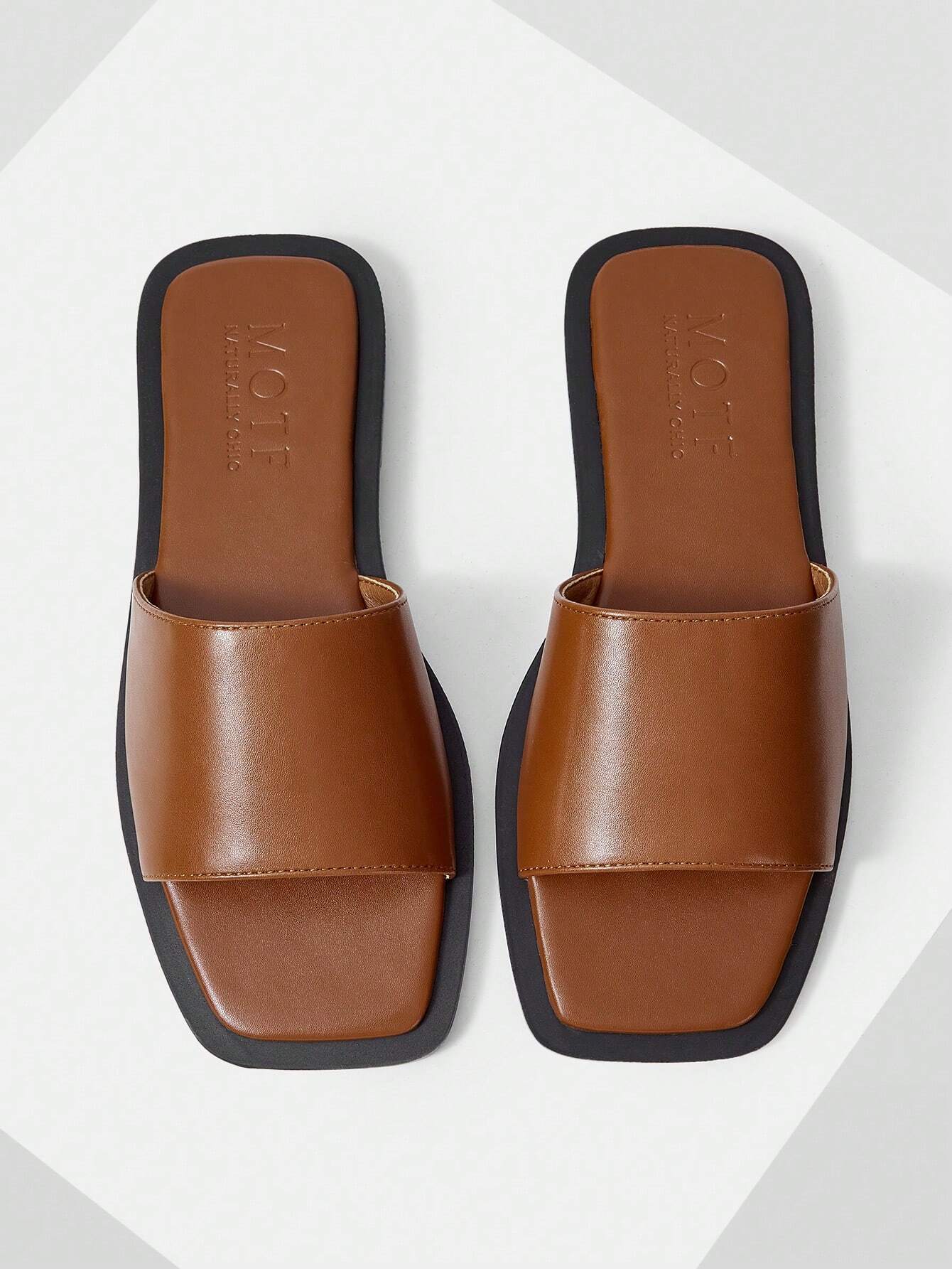 MOTF PREMIUM SQUARE TOE MINIMALIST TWO TONE MULE FLAT SANDALS shein